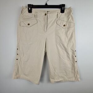 TALBOTS Petite Women's Khaki Bermuda Shorts Size 12P Knee Length Snap Button